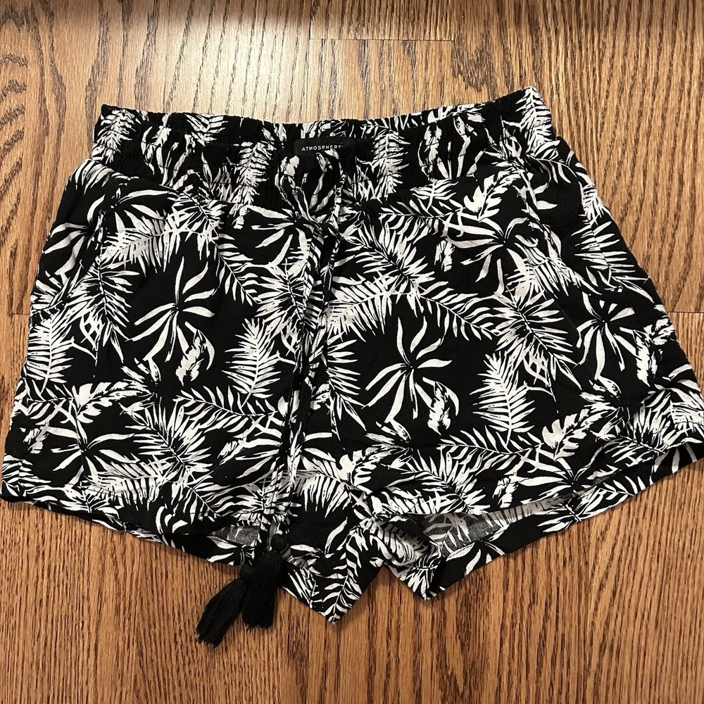 Atmosphere Women's Black White Tropical Leaf Print Tassel Drawstring Shorts 4